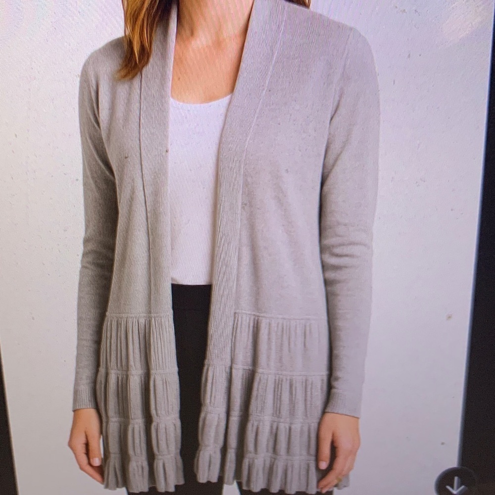 Villa Gray Open Front Cardigan with Crochet Lace Back & Pleated Fringe Hem SZ XL